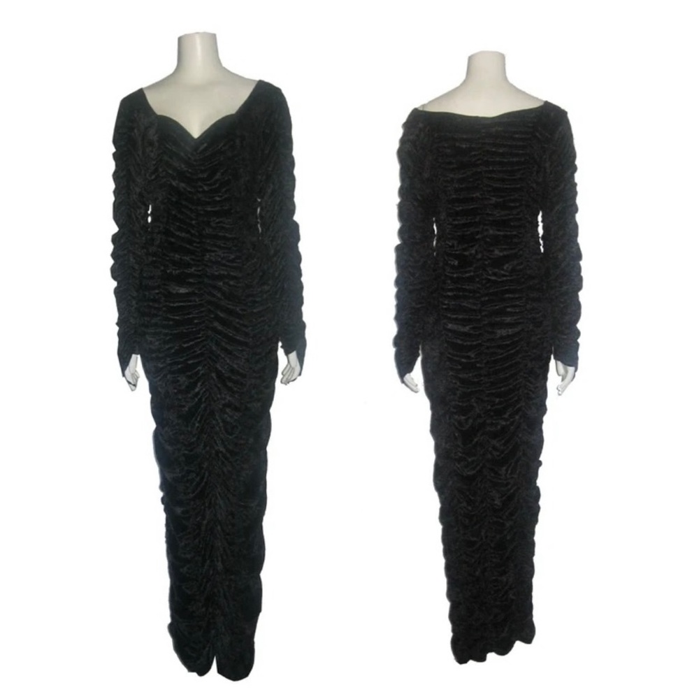 Vintage Black Velour Coffin Long Sleeve Maxi Dress